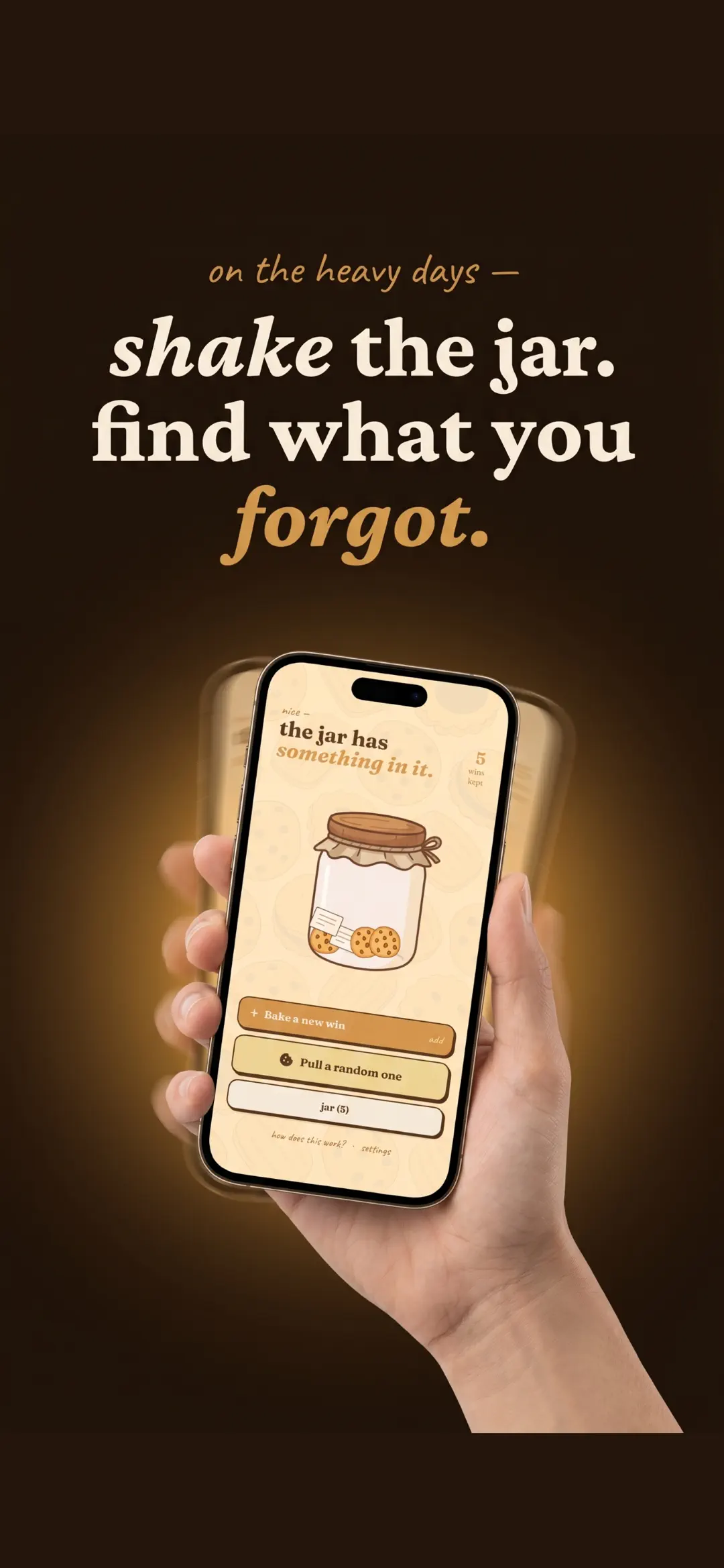The home screen in hand, showing the jar with five wins kept
